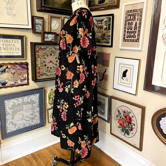 NWT Phases Black Pink Orange Floral 100% Indian Cotton Short Sleeve Midi Dress - Picture 2 of 7